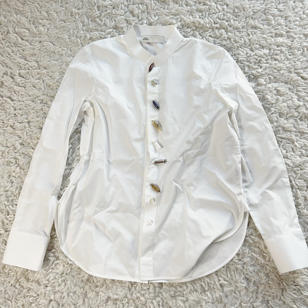 New Tory Burch Beaded Band-collar Poplin Tunic In White - Picture 6 of 7